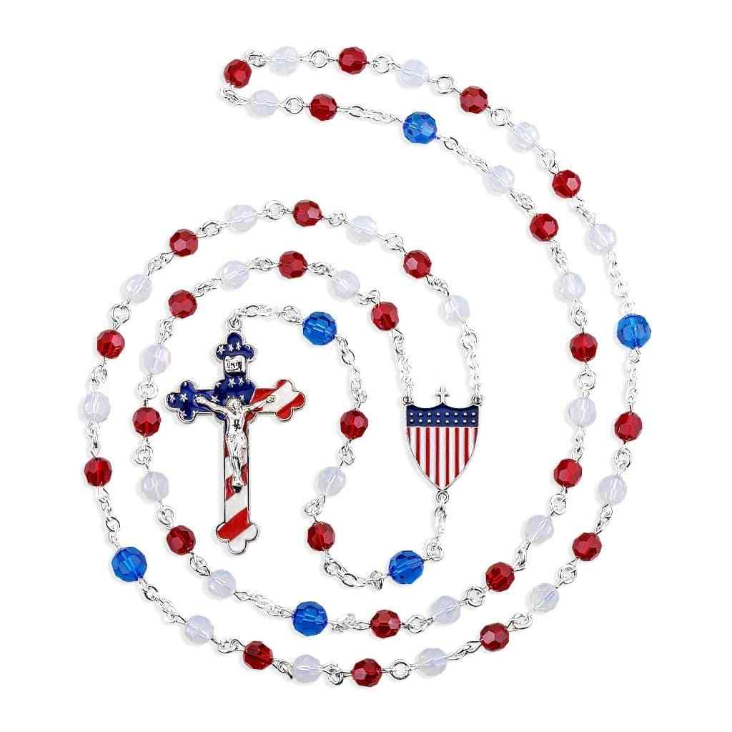 American Patriotic All Sterling Silver and Crystal Red, White and Blue Rosary Crystal Rosary, HMH Religious