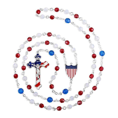 American Patriotic All Sterling Silver and Crystal Red, White and Blue Rosary Crystal Rosary, HMH Religious