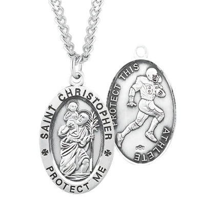St Christopher Oval Sterling Silver Football Medal with 24" Chain, HMH Religious
