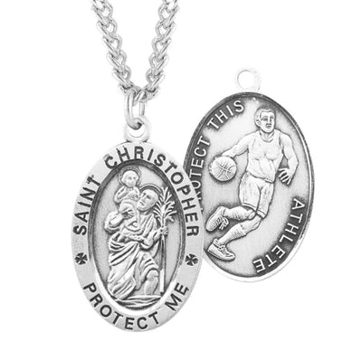St Christopher Oval Sterling Silver Basketball Medal with 24" Chain, HMH Religious