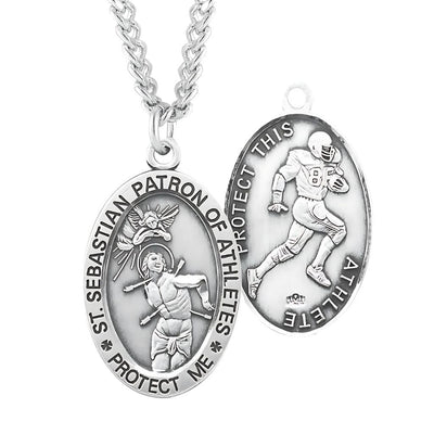 St. Sebastian Oval Sterling Silver Football Medal with 24" Chain, HMH Religious