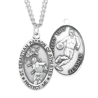 St Sebastian Oval Sterling Silver Basketball Medal with 24" Chain, HMH Religious