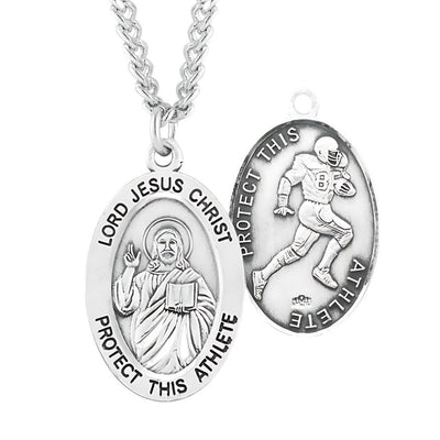 Lord Jesus Christ Sterling Silver Football Medal with 24" Chain, HMH Religious