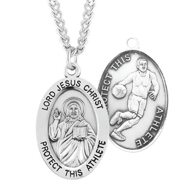 Lord Jesus Christ Sterling Silver Basketball Medal Necklace with 24" Chain, HMH Religious