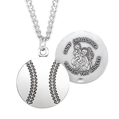 St. Christopher Sterling Silver Baseball Athlete Medal with 24" Chain, HMH Religious