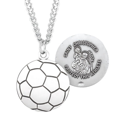 St. Christopher Sterling Silver Soccer Athlete Medal with 24" Chain, HMH Religious