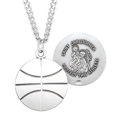 St. Christopher Sterling Silver Basketball Athlete Medal with 24" Chain, HMH Religious