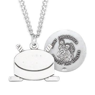 St. Christopher Sterling Silver Hockey Athlete Medal Necklace with 24" Chain, HMH Religious