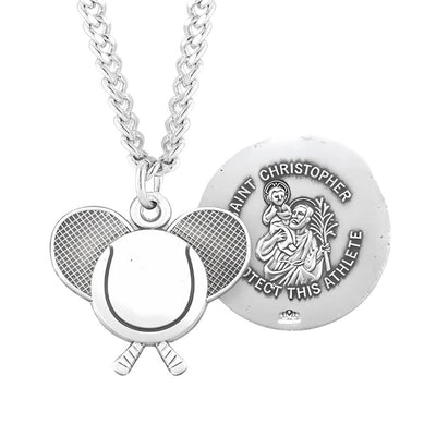 St. Christopher Sterling Silver Tennis Athlete Medal Necklace with 24" Chain, HMH Religious