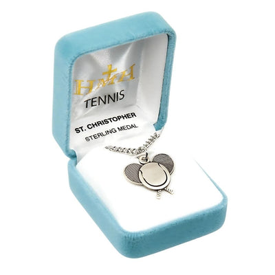St. Christopher Sterling Silver Tennis Athlete Medal Necklace in Gift Box, HMH Religious