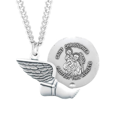 St. Christopher Sterling Silver Track Athlete Medal Necklace with 24" Chain, HMH Religious