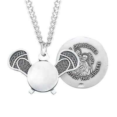 St. Christopher Sterling Silver Lacrosse Athlete Medal Necklace with 24" Chain, HMH Religious