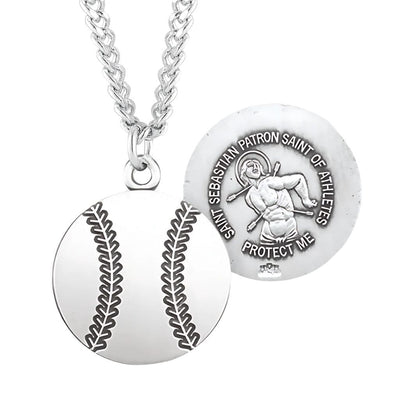 St. Sebastian Sterling Silver Baseball Athlete Medal Necklace with 24" Chain, HMH Religious