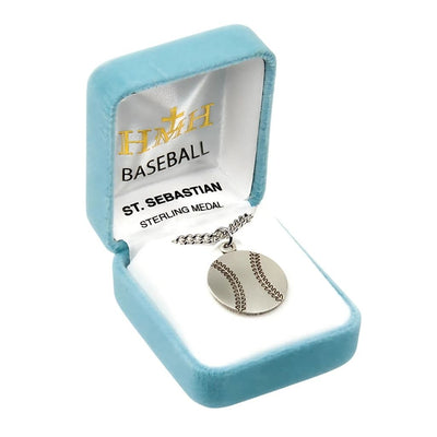 St. Sebastian Sterling Silver Baseball Athlete Medal Necklace in Gift Box, HMH Religious