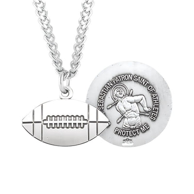 St. Sebastian Sterling Silver Football Athlete Medal Necklace with 24" Chain, HMH Religious