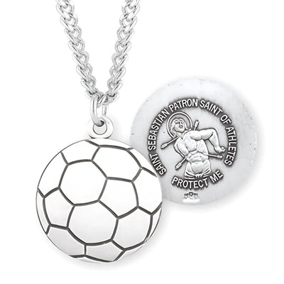 St. Sebastian Sterling Silver Soccer Athlete Medal Necklace with 24" Chain, HMH Religious