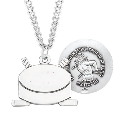 St. Sebastian Sterling Silver Hockey Athlete Medal Necklace with 24" Chain, HMH Religious