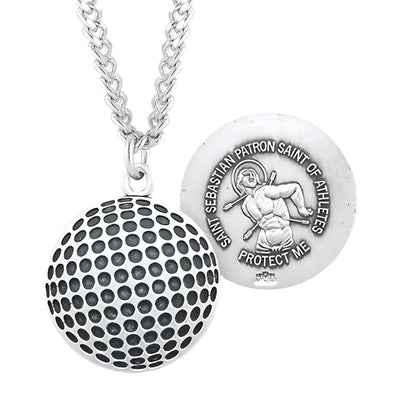 St. Sebastian Sterling Silver Golf Ball Athlete Medal with 24" Chain, HMH Religious