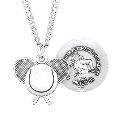 St. Sebastian Sterling Silver Tennis Athlete Medal with 24" Chain, HMH Religious