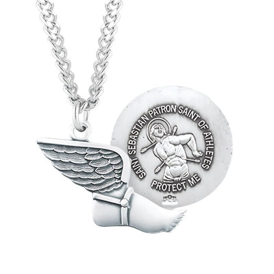 St Sebastian Sterling Silver Track Athlete Medal with 24" Chain, HMH Religious