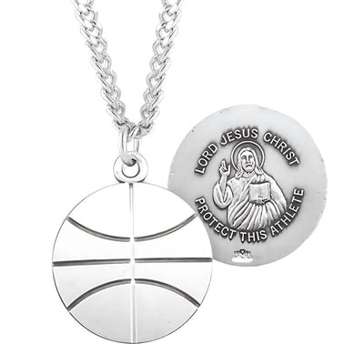 Lord Jesus Christ Sterling Silver Basketball Athlete Medal with 24" Chain, HMH Religious