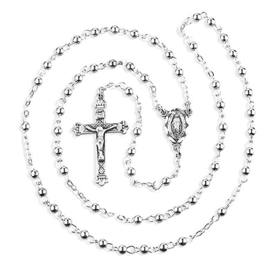 Baby's Sterling Silver Rosary with 3mm high-polish hollow round sterling silver beads with a scalloped edge Miraculous Medal centerpiece and crucifx in sterling silver, HMH Religious