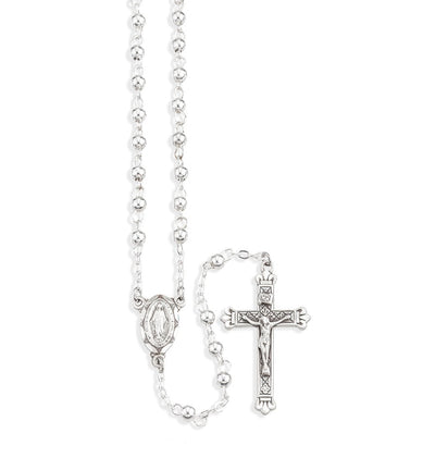 Sterling Silver Rosary with 3mm high-polish hollow round sterling silver beads with a scalloped edge Miraculous Medal centerpiece and crucifix in sterling silver, HMH Religious
