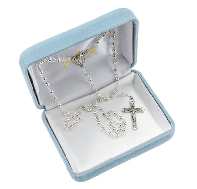 Baby's Sterling Silver Rosary with 3mm high-polish hollow round sterling silver beads with a scalloped edge Miraculous Medal centerpiece and crucifx in sterling silver in Box, HMH Religious