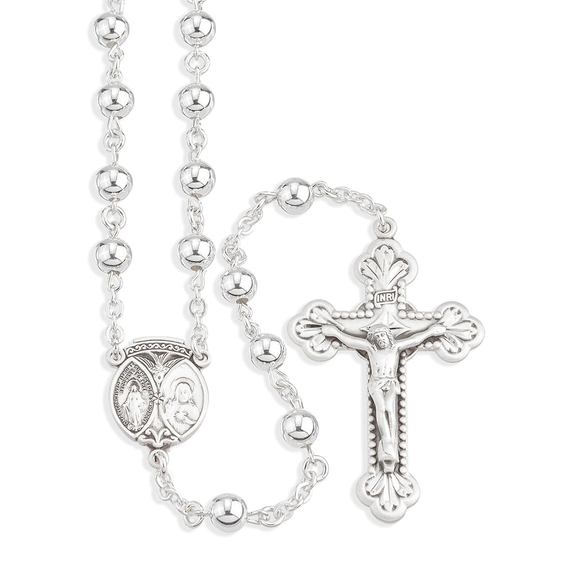 HMH Scapular with Sterling Silver Rosary features high-polished 6mm beads, pins, chain, crucifix, and exclusive Miraculous Medal, Holy Spirit, and Scapular center.