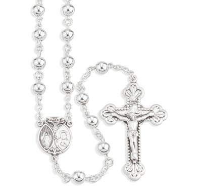 Scapular with Sterling Silver Rosary features high-polished 6mm beads, pins, chain, crucifix, and exclusive Miraculous Medal, Holy Spirit, and Scapular center, HMH Religious