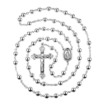 7mm High-Polish Sterling Silver Rosary with Sterling Silver Heart Tip Crucifix and Miraculous Centerpiece, HMH Religious