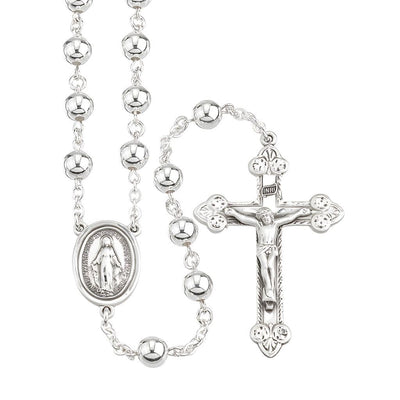 7mm High-Polish Sterling Silver Rosary with Heart Tip Crucifix and Miraculous Centerpiece, HMH Religious