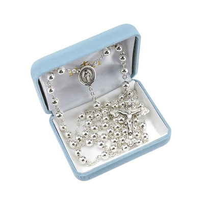 7mm High-Polish Sterling Silver Rosary with Heart Tip Crucifix and Miraculous Centerpiece in Gift Box, HMH Religious