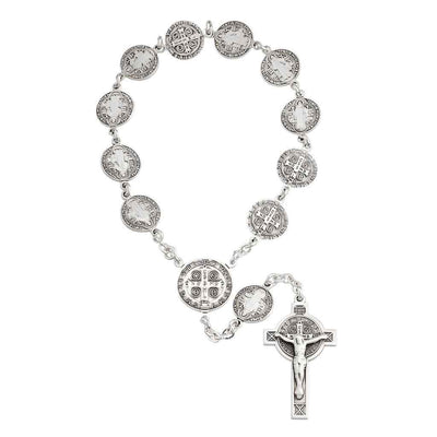 Close-up of HMH Religious One Decade St. Benedict Sterling Silver Pocket Rosary showing detailed St. Benedict medal beads and sterling silver chain (view 2)