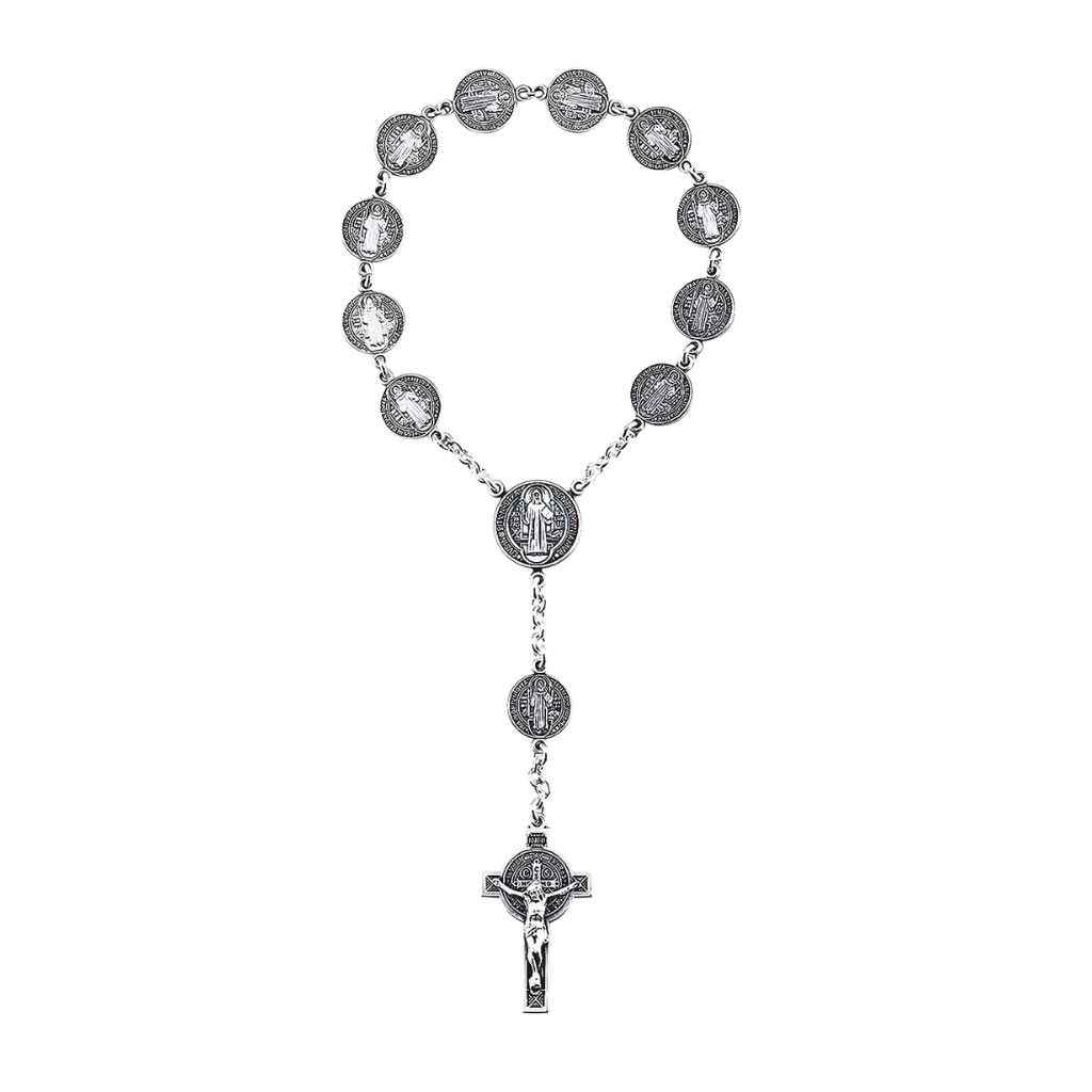 HMH Religious One Decade St. Benedict Sterling Silver Pocket Rosary with 11mm beads and sterling silver crucifix, made in the USA