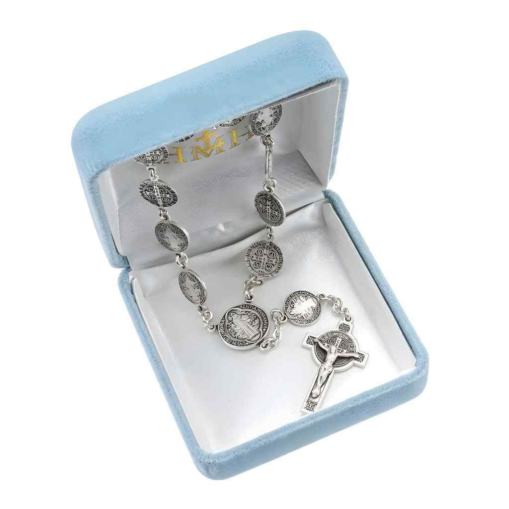 HMH Religious One Decade St. Benedict Sterling Silver Pocket Rosary displayed in deluxe velvet gift box (view 3)