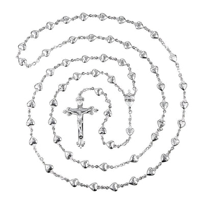 Sacred Heart of Jesus sterling silver rosary flat lay showing 10mm x 7mm solid sterling silver heart-shaped beads and crucifix, HMH Religious