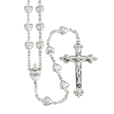 Sacred Heart of Jesus sterling silver rosary necklace featuring 10mm x 7mm solid sterling silver heart-shaped beads and crucifix pendant, HMH Religious