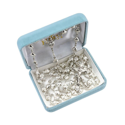 Sacred Heart of Jesus sterling silver rosary with 10mm x 7mm solid sterling silver heart-shaped beads in deluxe blue velvet gift box, HMH Religious