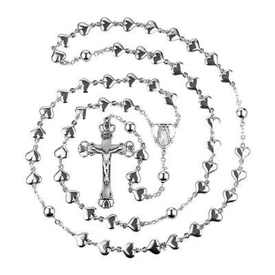 Heart-Shape Bead Sterling Silver Rosary with 10mm x 7mm solid sterling silver heart beads and 8mm round Our Father beads, HMH Religious