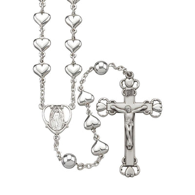 Heart Shape Bead Sterling Silver Rosary with 10mm x 7mm solid sterling silver heart beads and 8mm round hollow Our Father beads, HMH Religious