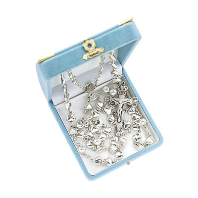 Heart Shape Bead Sterling Silver Rosary with 10mm x 7mm solid sterling silver heart beads and 8mm round hollow Our Father beads in gift box, HMH Religious