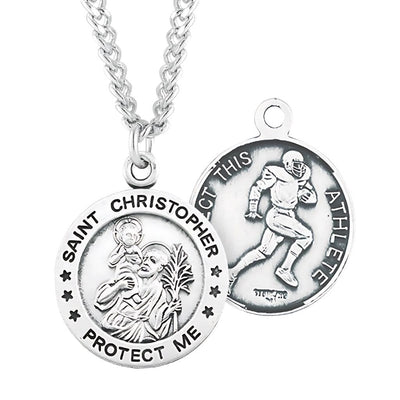 St. Christopher Football Round Sterling Silver Medal Necklace with Chain, HMH Religious