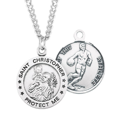St. Christopher Basketball Round Sterling Silver Medal Necklace with Chain, HMH Religious