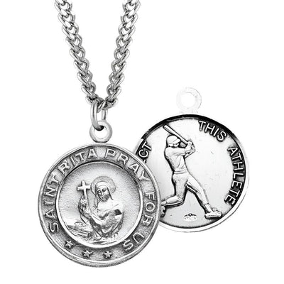 St. Rita Baseball Round Sterling Silver Medal Necklace with Chain, HMH Religious