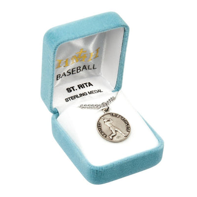 St. Rita Baseball Round Sterling Silver Medal Necklace in Gift Box, HMH Religious
