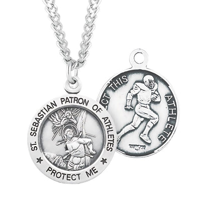 St. Sebastian Football Round Sterling Silver Medal Necklace in Gift Box with Chain, HMH Religious