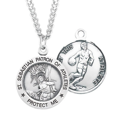 St. Sebastian Basketball Round Sterling Silver Medal Necklace with Chain, HMH Religious