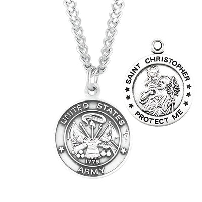 Army Sterling Silver St Christopher Medal Necklace, HMH Religious