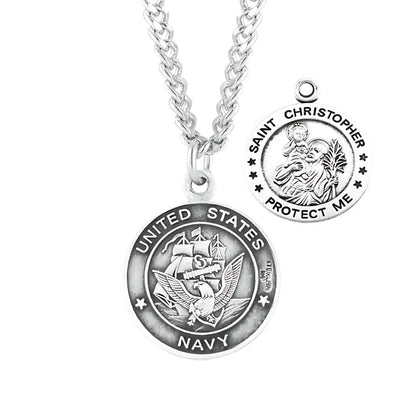 Navy Sterling Silver St Christopher Medal Necklace with 24" Chain, HMH Religious